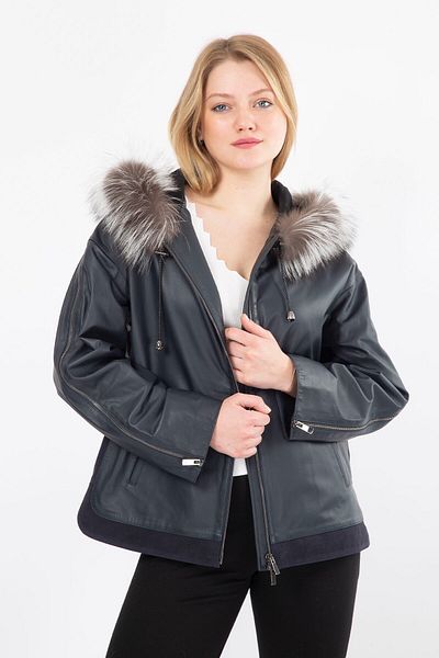By Marki Marki Navy Blue Fur Hooded Leather Coat, Genuine Leather Raincoat, Women's Coat, Fur Hood,-105422