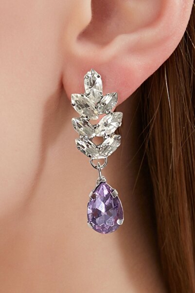 Furtek Aksesuar Kadın Lila Clara Yaprak Elmas Kristal Taşlı Model Gümüş Sallantılı Günlük Abiye Elbise Balo Küpe