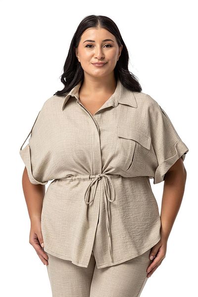 DISENTIS MODEST Beige Colored Plus Size Shirt and Trousers Set - Half Sleeve