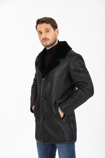 By Marki Marki Men's Genuine Leather Coat, Fur Collar Coat, Black Fur Inside -500822