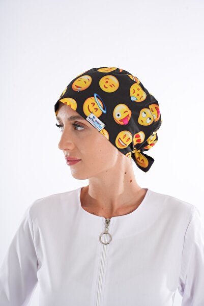 Nur Medikal Giyim Siyah Emoji Desenli Tesettür Doktor Hemşire Hastane Aşçı Ce...