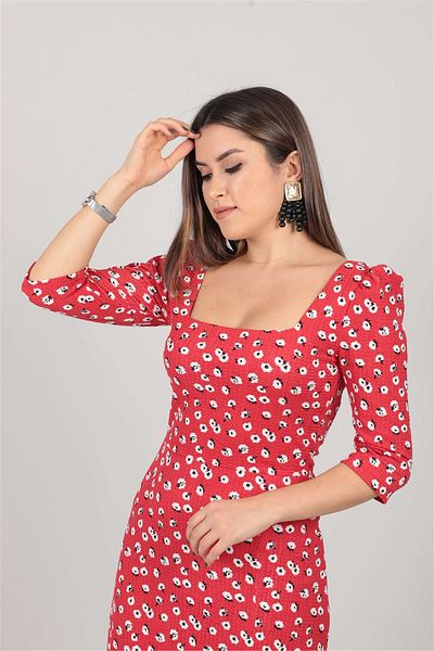 giyimmasalı Red Floral Pattern Slit Dress