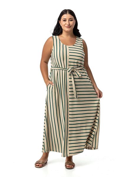 DISENTIS MODEST Emerald Green Stripe - Ασύμμετρο φόρεμα Plus Size με χοντρές τιράντες και φύλλα
