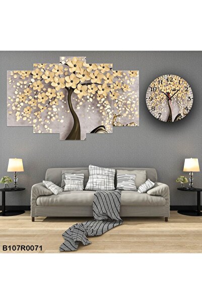 A2ZTR Parçalı Ahşap Duvar Tablo 5 Parça Set Ve Saatli