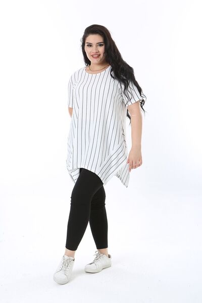 Şans Plus Size Striped Blouse - Bone Asymmetric Cut, Short Sleeve 65n38221