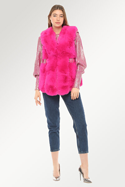 inos Özel Tasarım Kadın Fuşya Kürk Yelek