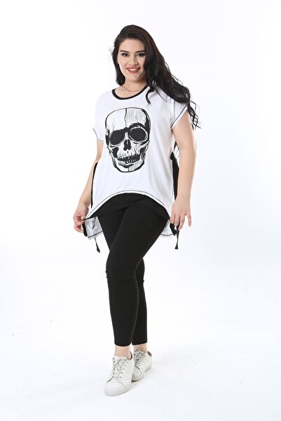 Şans Women's White Jewelled and Printed Blouse - Plus Size, Belted 65n38223