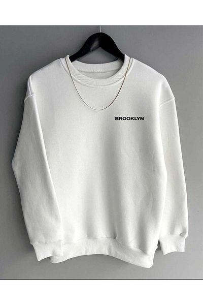 DWN WEAR Λευκό φούτερ με 3 κλωστές Unisex Brooklyn Written