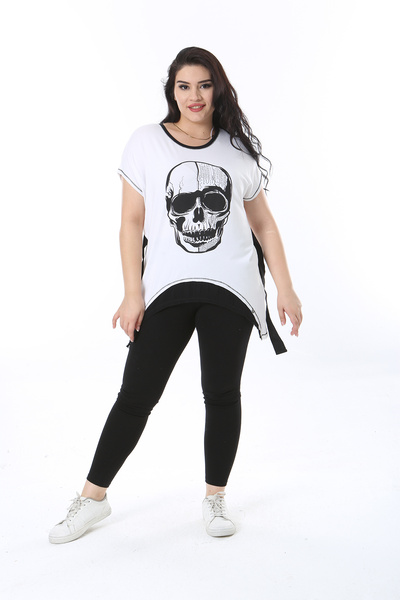 Şans Women's White Jewelled and Printed Blouse - Plus Size, Belted 65n38223