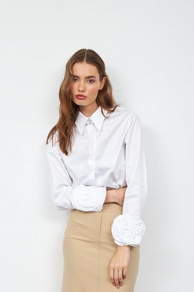 NOK İSTANBUL White 100% Cotton Floral Sleeves Long Sleeve Shirt