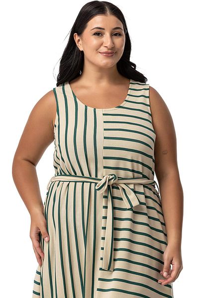 DISENTIS MODEST Emerald Green Stripe - Ασύμμετρο φόρεμα Plus Size με χοντρές τιράντες και φύλλα