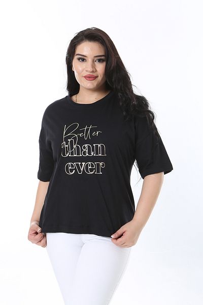 Şans Plus Size Black Printed Short Sleeve Women's Blouse - 65n38224