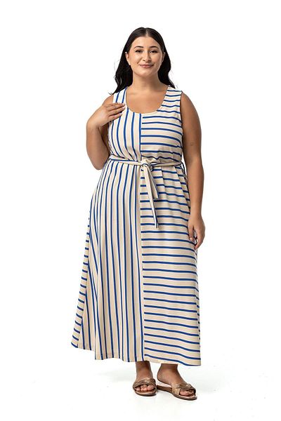 DISENTIS MODEST Ασύμμετρο Saks Μπλε Ριγέ Φόρεμα Plus Size - Χοντρές τιράντες και τσέπες