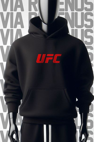 Vordevia Hanorac negru cu glugă UFC cu 3 fire - imprimat în față și în spate