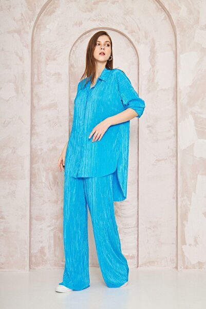 Yıldızistan Women's Blue Lycra Oversize Elastic Waist Trousers Tunic Shirt Double Wrap Casual Suit 3573300