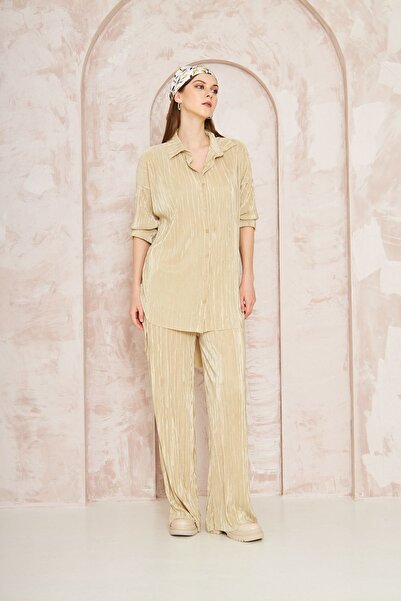 Yıldızistan Yellow Pleated Women's Tunic and Shirt Set - Wide Leg and Elastic Waist, Wrap Loose Set3573300