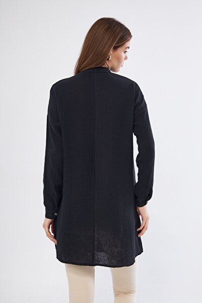 Yıldızistan Γυναικείο μαύρο μουσελίνα μακρυμάνικο φόρεμα με γιακά με τσέπη casual καλοκαιρινό πουκάμισο 3520260