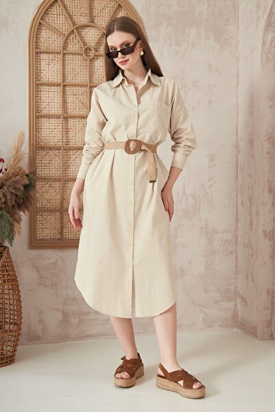 Yıldızistan Γυναικεία φαρδιά μακρυμάνικη ποπλίνα τσέπη Oversize μακρύ casual αθλητικό πουκάμισο πέτρινο φόρεμα 3555270