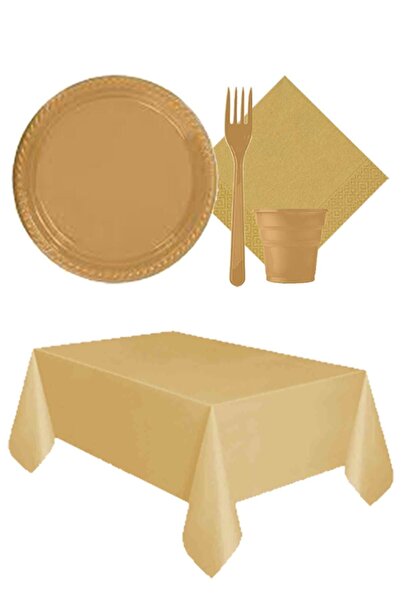 PartylandTR Gold Altın Renk 25 Kişilik Plastik Bardak Çatal Tabak Peçete Masa...