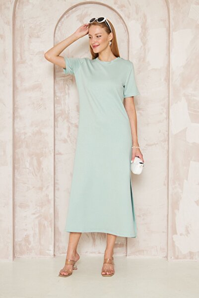 Pasaklı Giyim Γυναικείο φόρεμα σε χρώμα μέντας - κοντό μανίκι, ολόσωμο, κουμπιά στον ώμο, σκίσιμο, casual sports 3618260