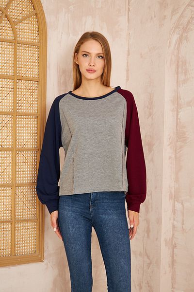 Pasaklı Giyim Gray Claret Red Navy Round Neck Sweatshirt Blouse - Stitching Detail, Long Sleeve 3472200