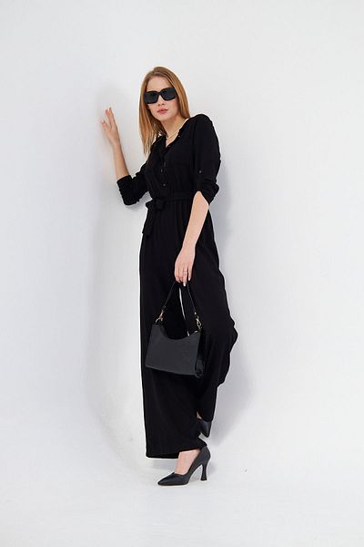 Pasaklı Giyim Women's Black Pocket Elastic Waist Belt Long Sleeve Round Neck Buttoned Relaxed Cut Jumpsuit3297320