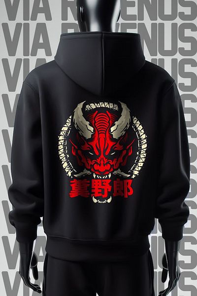 Vordevia Черен суитшърт с качулка и щампа Devil Samurai с 3 нишки