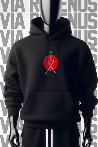 Vordevia Ronin Katana Printed - Hanorac negru cu glugă, cu 3 fire, cu croială largă