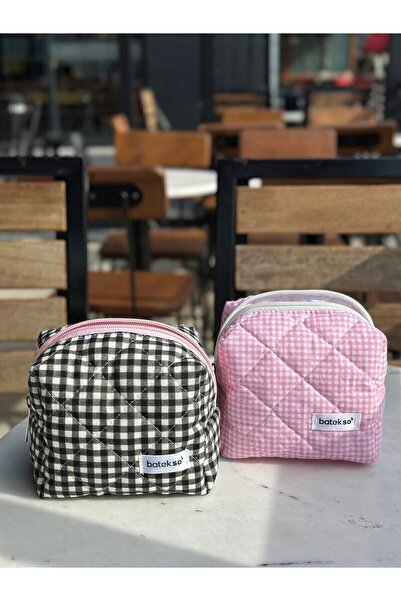 Batekso Черна и розова чанта за грим с квадратна шарка от 2 части - малък размер