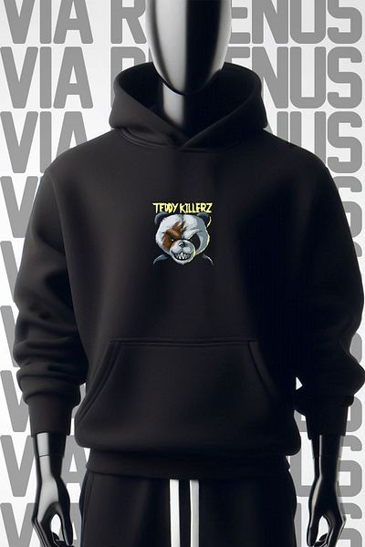Vordevia Черен суитшърт с качулка Teddy Killerz с 3 прежди и широк модел - с щампа отпред и отзад