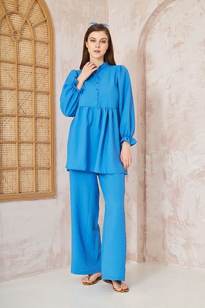 Yıldızistan Blue Seersucker Balloon Sleeve Tunic and Elastic Pocket Pants Hijab Set -3531360