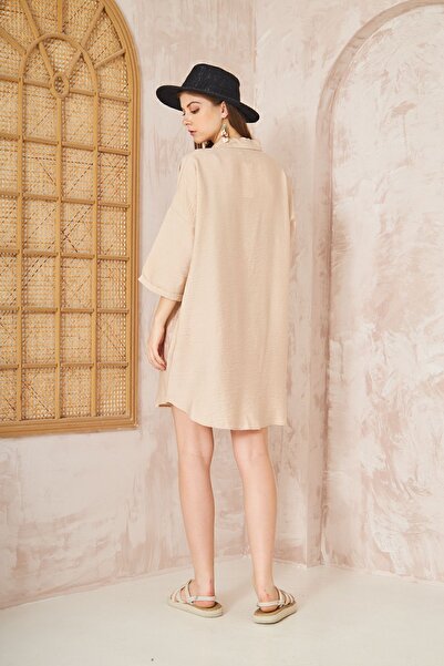 Yıldızistan Πέτρινο Μίντι Λινό Πουκάμισο Φόρεμα - Μισό Πτυσσόμενα Μανίκια, Φαρδιά 3582240