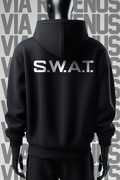 Vordevia SWAT принт, черен, широка кройка, качулка, суитшърт - 3 нишки