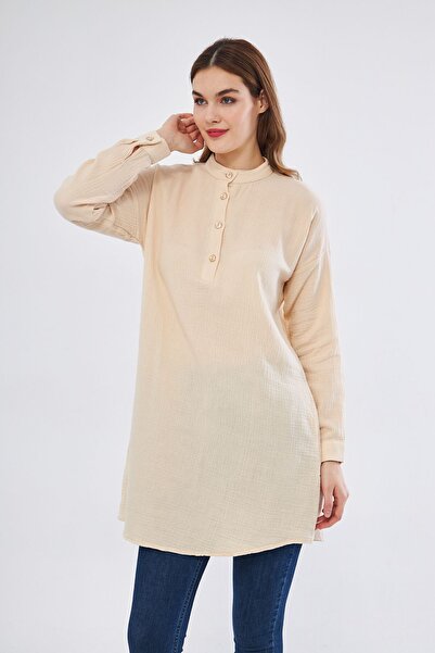 Yıldızistan Women's Stone Muslin Long Sleeve Prevailing Collar Pocket Casual Summer Tunic Shirt Dress3520260