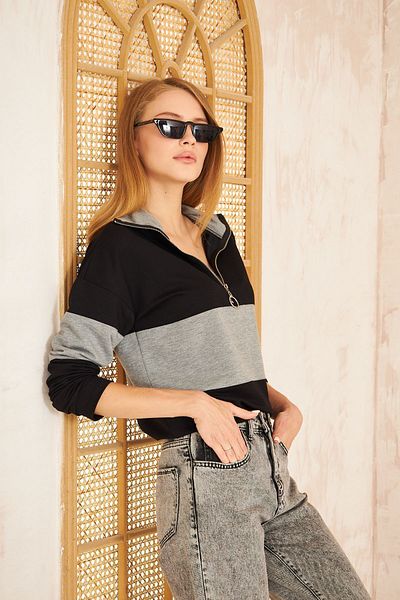 Pasaklı Giyim Black Gray Polo Collar Zippered Sweatshirt - Basic Casual Model 3471210