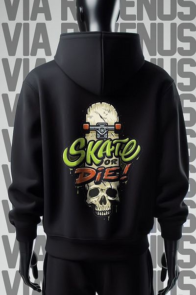 Vordevia Φούτερ Skate or Die εμπρός και πίσω με στάμπα με 3 νήματα φαρδιά εφαρμογή μαύρη κουκούλα