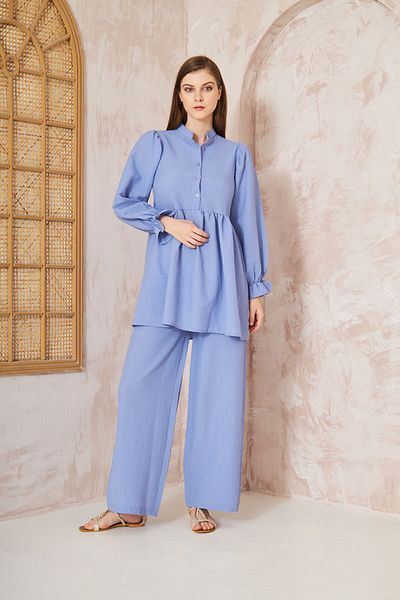 Yıldızistan Baby Blue Seersucker Balloon Sleeve Tunic and Elastic Waist Pocket Pants Hijab Set -3531360