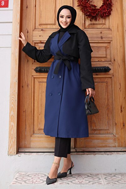MİSSKAYLE Kolu Garnili Trençkot İndigo 4435