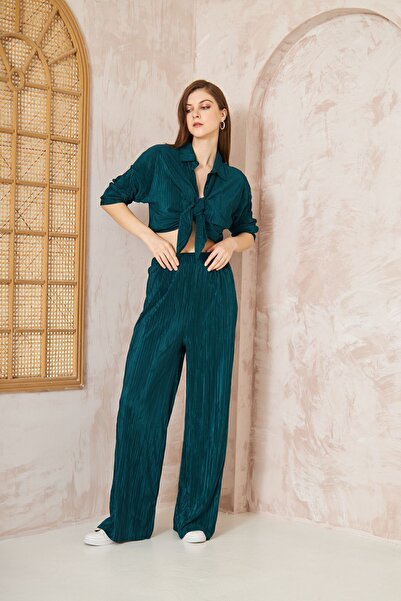 Yıldızistan Women's Petrol Green Lycra Elastic Waist Trousers Tunic Shirt Double Twist Loose Suit 3573300