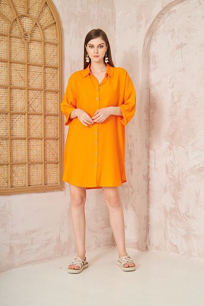 Yıldızistan Orange Midi Linen Shirt Dress - Loose, Half Folding Sleeves, Short Summer Tunic3582240