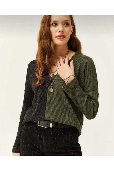 Pasaklı Giyim Women's Anthracite Khaki V-Neck Long Sleeve Two Color Winter Sweater2778170