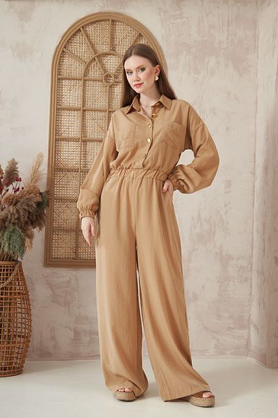 Yıldızistan Women's Caramel Pocketed Waist Elasticized Long Sleeve Loose Cut Kupra Jumpsuit Suitable for Hijab 3360451