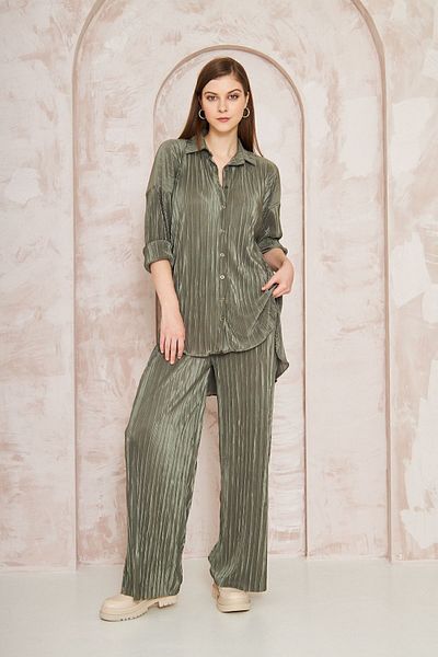 Yıldızistan Women's Khaki Lycra Wide Leg Elastic Waist Trousers Tunic Shirt Double Wrap Casual Suit 3573374