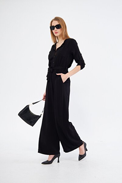 Pasaklı Giyim Kadın Siyah Cepli Beli Lastikli Kemerli Uzun Kollu Yuvarlak Yaka Düğmeli Rahat Kesim Tulum 3297320