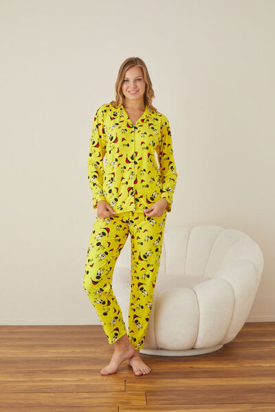 makkash Kadın Pamuklu Süet Sarı Gülen Yüz Desenli Boydan Düğmeli Gömlek Yaka Uzun Kollu Pijama Takımı