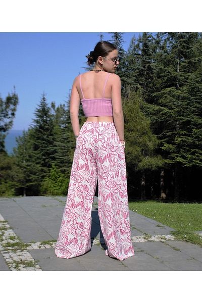 Pasaklı Giyim Women's Linen Fuchsia White Patterned Elastic Waist Pocket Wide Leg Oversize Loose Summer Trousers3369220