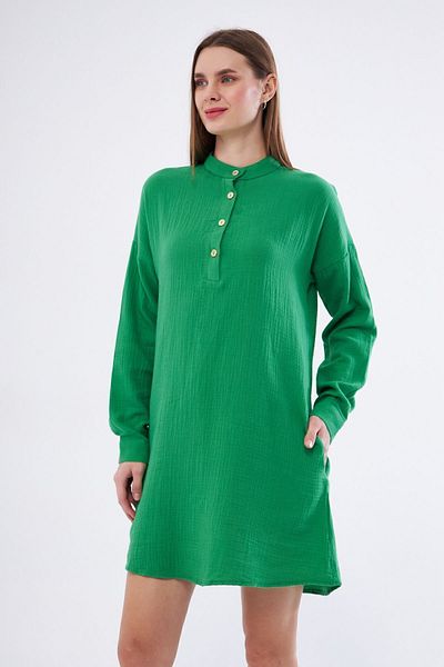 Yıldızistan Women's Benetton Green Muslin Long Sleeve Prevailing Collar Pocket Casual Summer Tunic Shirt Dress3520260