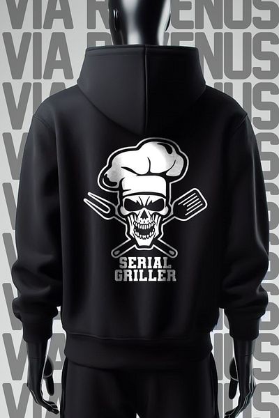 Vordevia Черен суитшърт с качулка и щампа Serial Griller - широк модел с 3 прежди