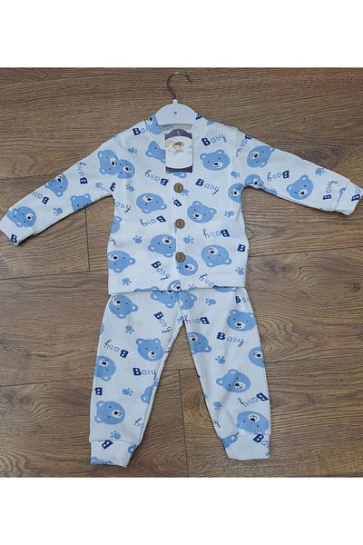 minikiss Set pijamale unisex pentru copii din 2 piese - țesătură cu nasturi în față și raport imprimat