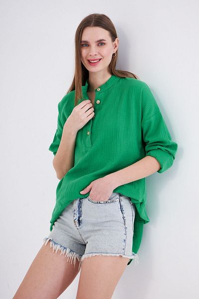 Yıldızistan Women's Benetton Green Muslin Long Sleeve Prevailing Collar Pocket Casual Summer Tunic Shirt Dress3520260